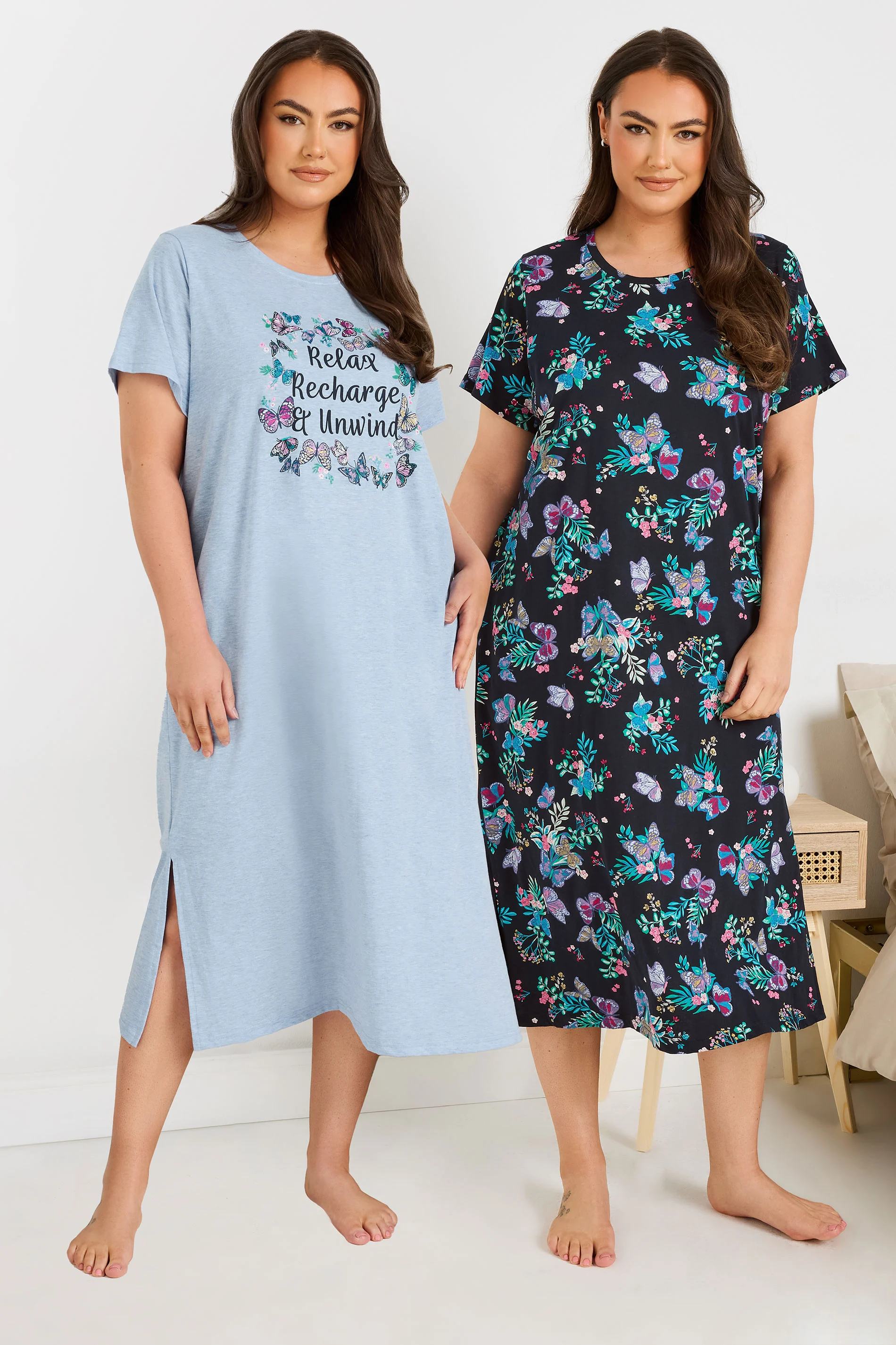 Yours YOURS Curve 2 PACK Blue Butterfly Print Midaxi Nightdresses