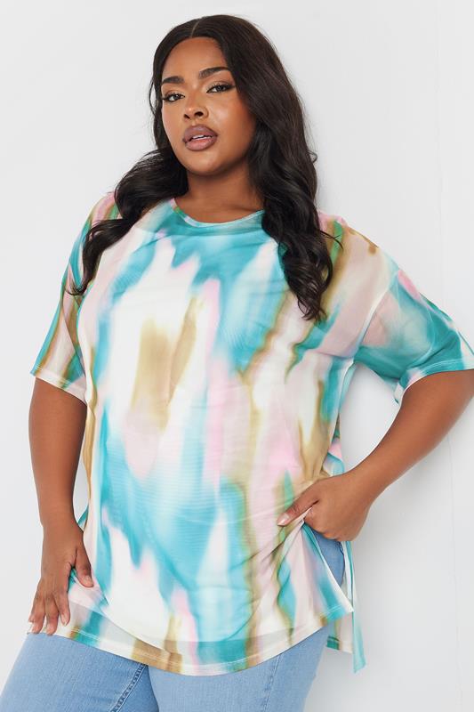 Yours YOURS Curve Blue Abstract Oversized Mesh Top