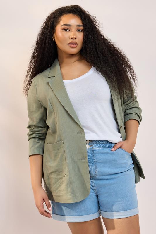 Yours YOURS Curve Khaki Green Relaxed Linen Blazer