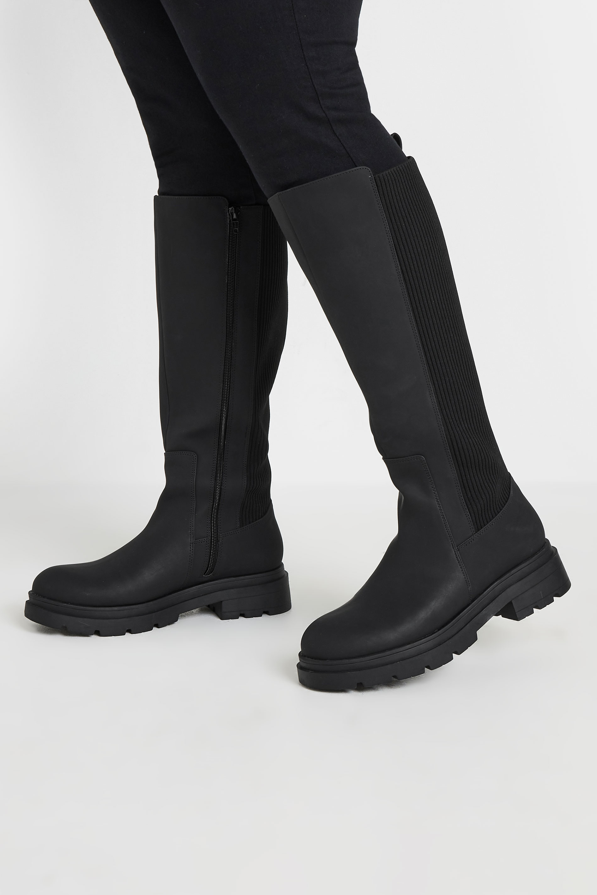 Yours Black Sock Panel Knee High Boots In Wide E Fit & Extra Wide EEE Fit