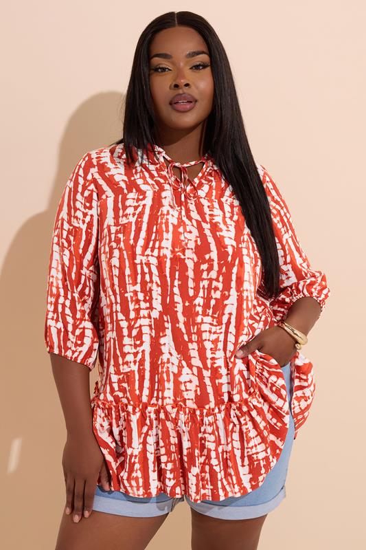 Yours YOURS Curve Orange Tie Dye Tie Neck Blouse