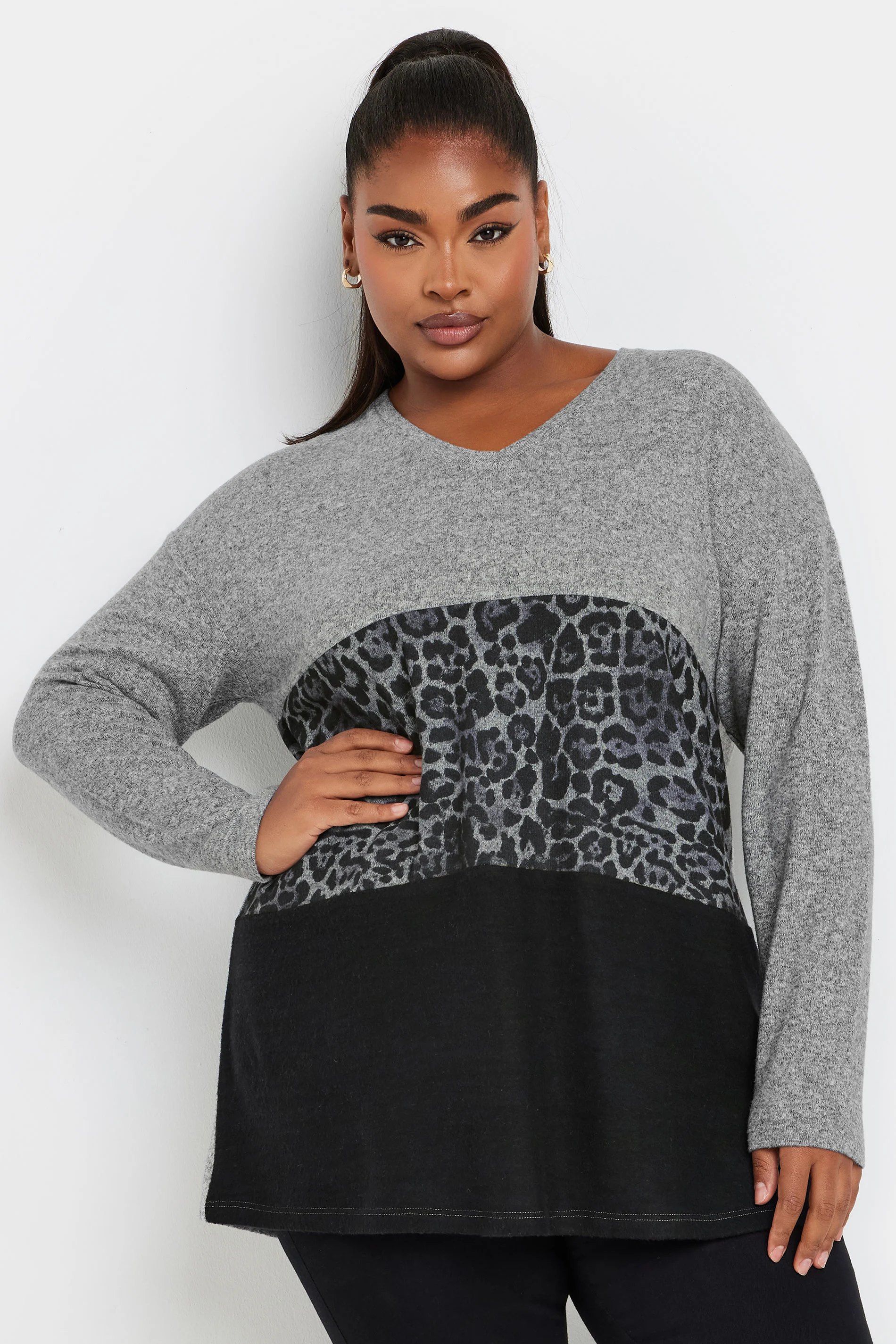 Yours YOURS Curve Grey Leopard Print Colourblock Jumper