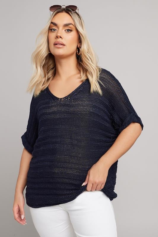 Yours YOURS Curve Navy Blue Metallic Crochet Knitted Top