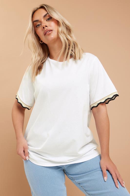 Yours YOURS Curve White Metallic Crochet Trim T-Shirt