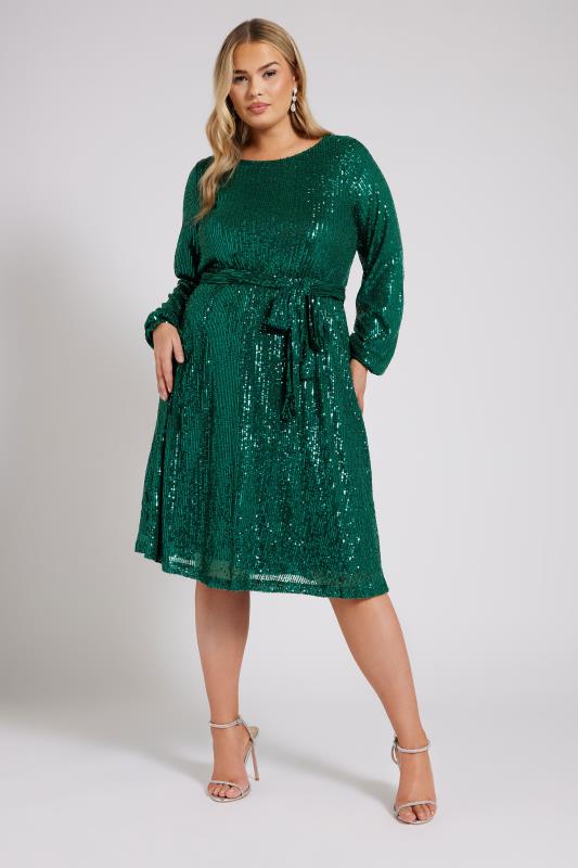 Yours London YOURS LONDON Curve Green Sequin Skater Midi Dress
