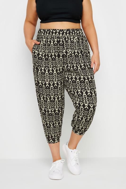 Yours YOURS Curve Black Abstract Print Textured Cropped Harem Trousers