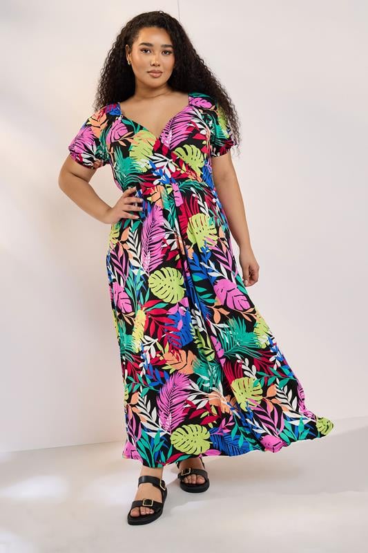 Yours YOURS Curve Black Rainbow Leaf Print Wrap Dress