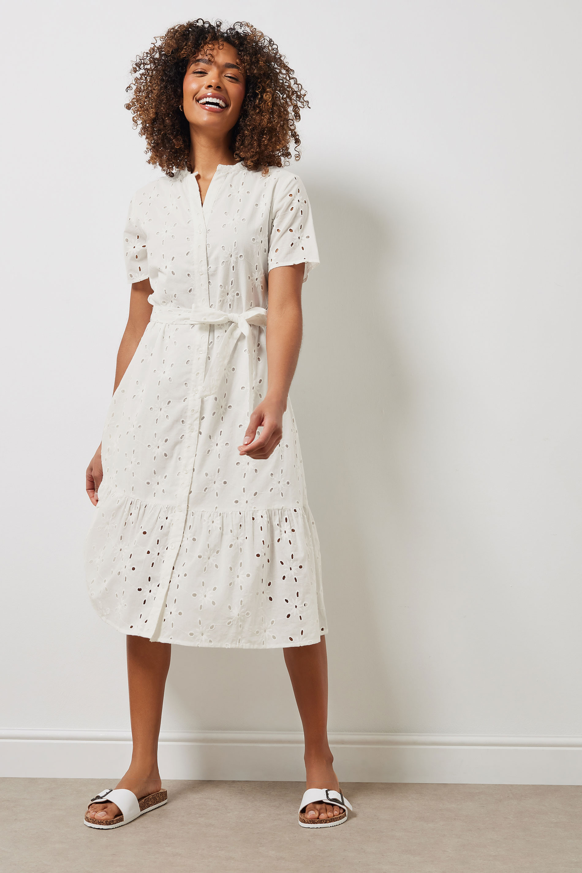 M&Co Womens M&Co White Cotton Broderie Button Through Dress
