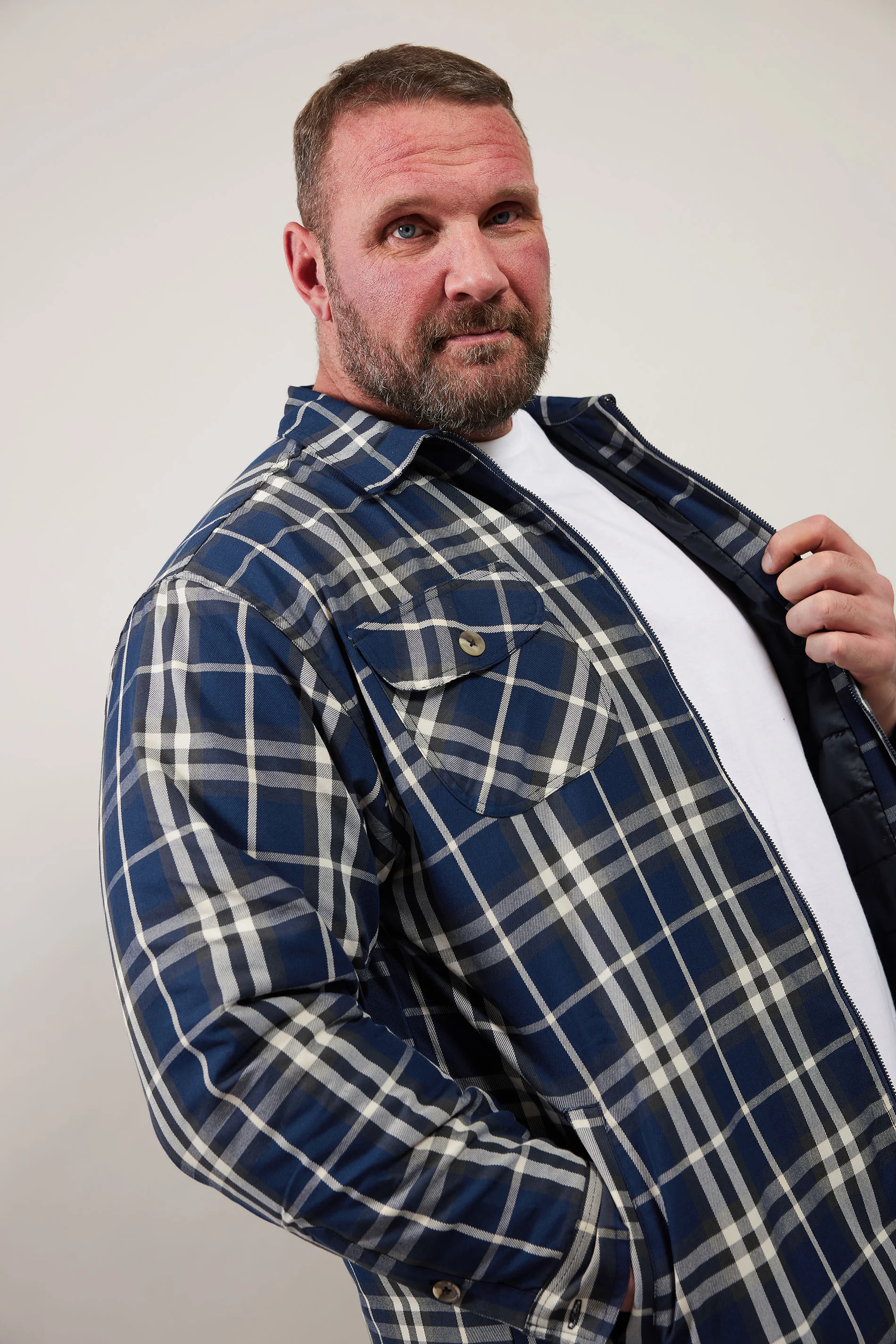 Kam KAM Big & Tall Navy Blue Zip Through Quilted Check Overshirt
