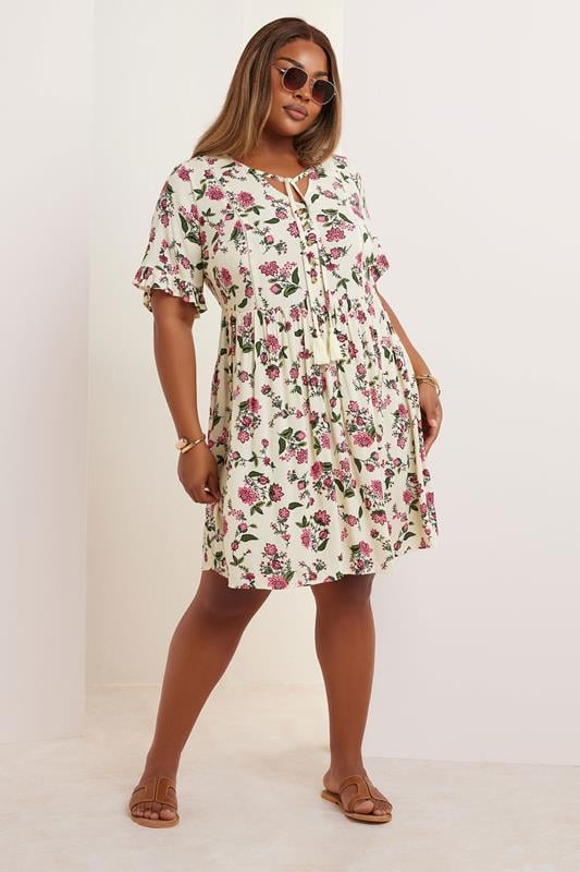 Yours YOURS Curve Cream Floral Crochet Trim Tie Neck Mini Dress