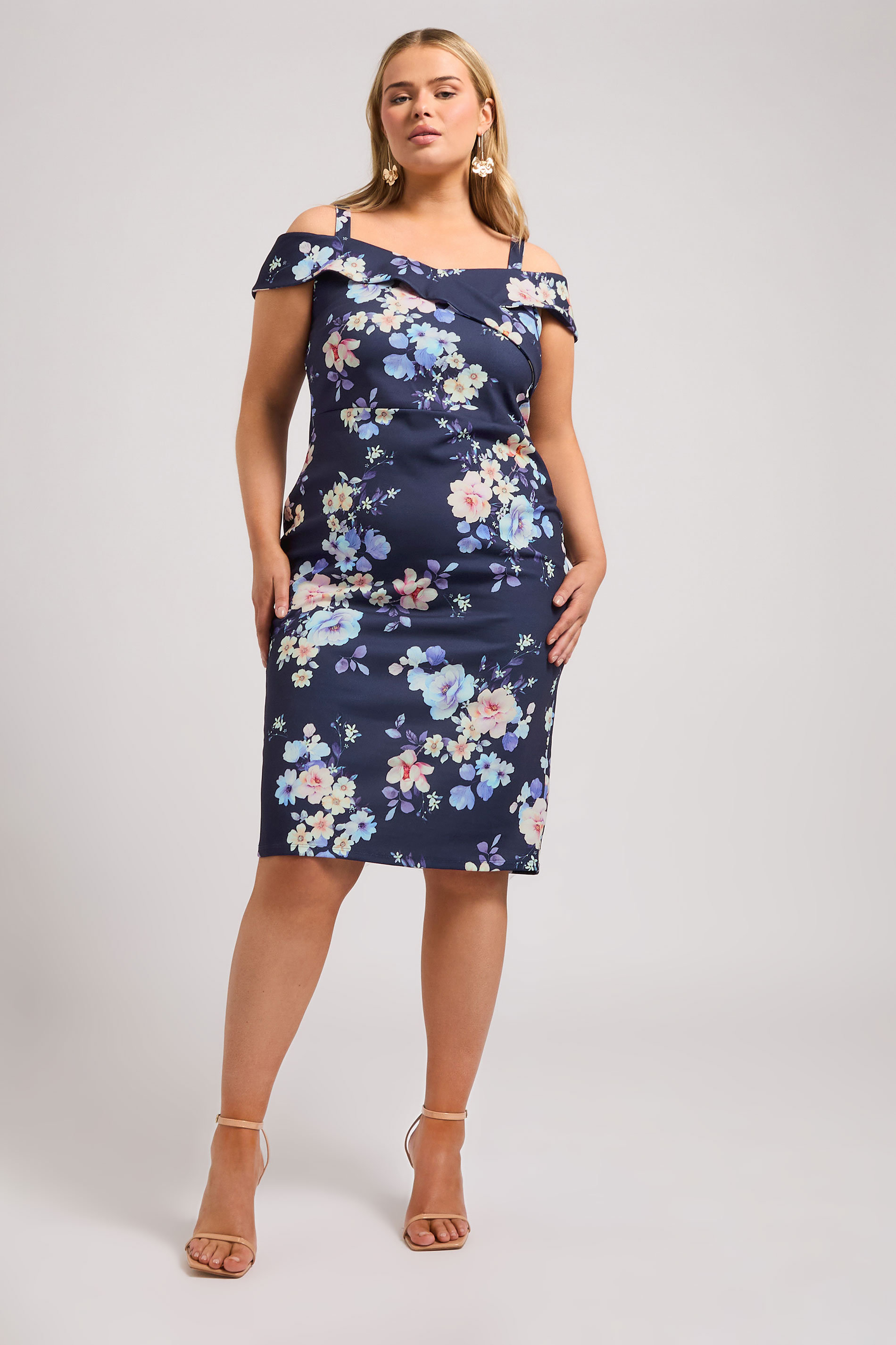 Yours London YOURS LONDON Curve Navy Blue Floral Print Bardot Dress