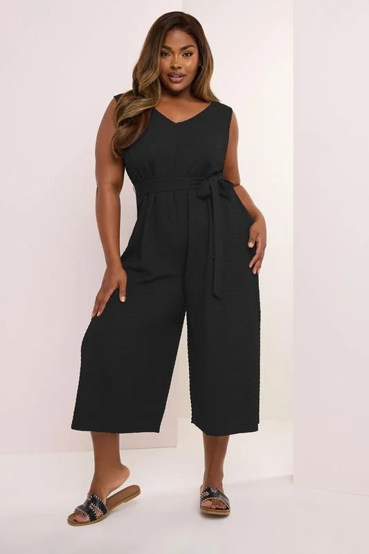 Yours YOURS Curve Black Textured Tie Waist Jumpsuit