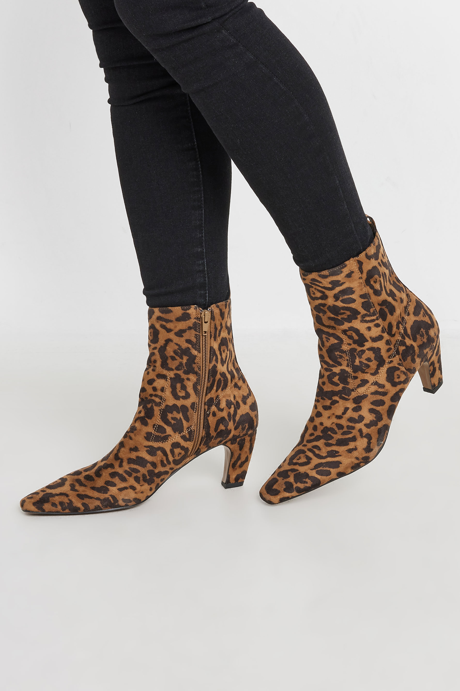 LTS LTS Beige Brown Leopard Faux Suede Heeled Ankle Boot In Standard Fit