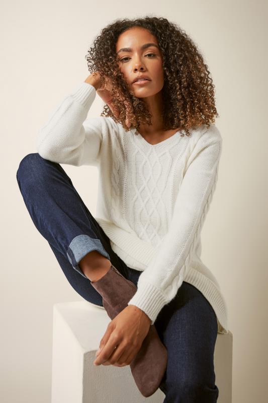 M&Co Womens M&Co Ivory White V-Neck Cable Knit Tunic Jumper