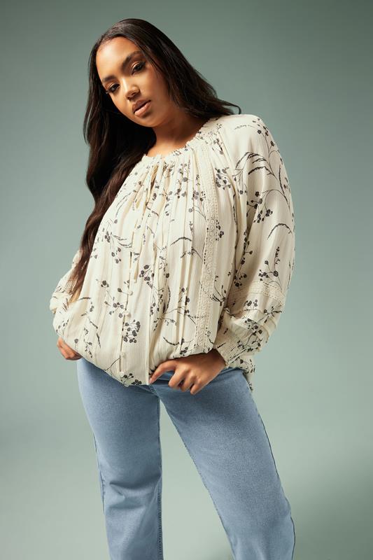 Yours YOURS Curve White Floral Tie Neck Pintuck Top