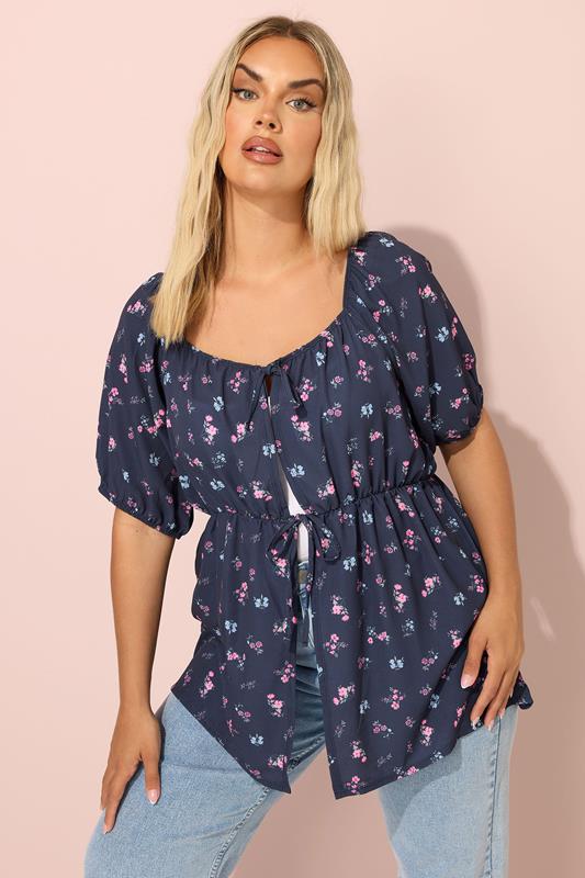 Yours YOURS Curve Navy Blue Floral Print Tie Front Top