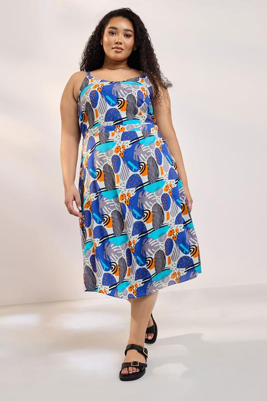 Yours YOURS Curve Blue Abstract Print Shirred Sundress