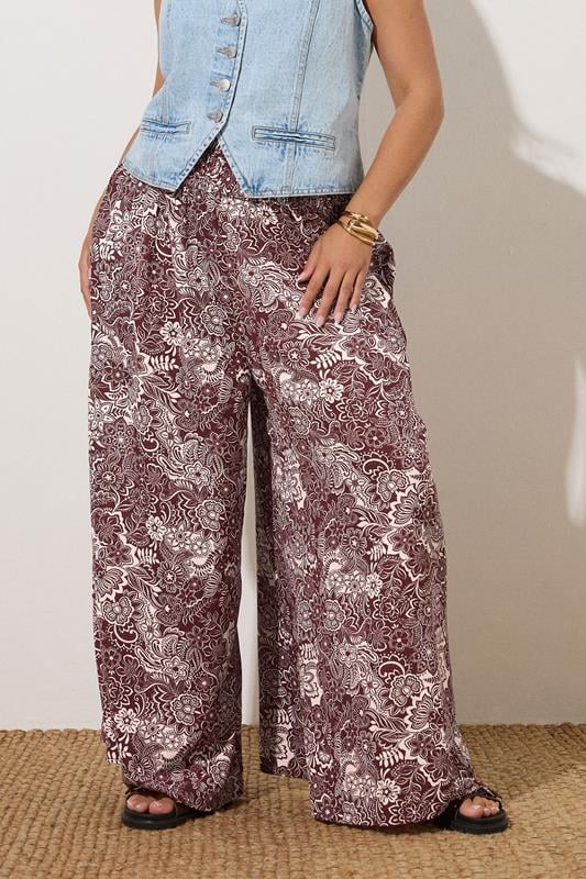 Yours YOURS Curve Burgundy Red Paisley Print Wide Leg Trousers