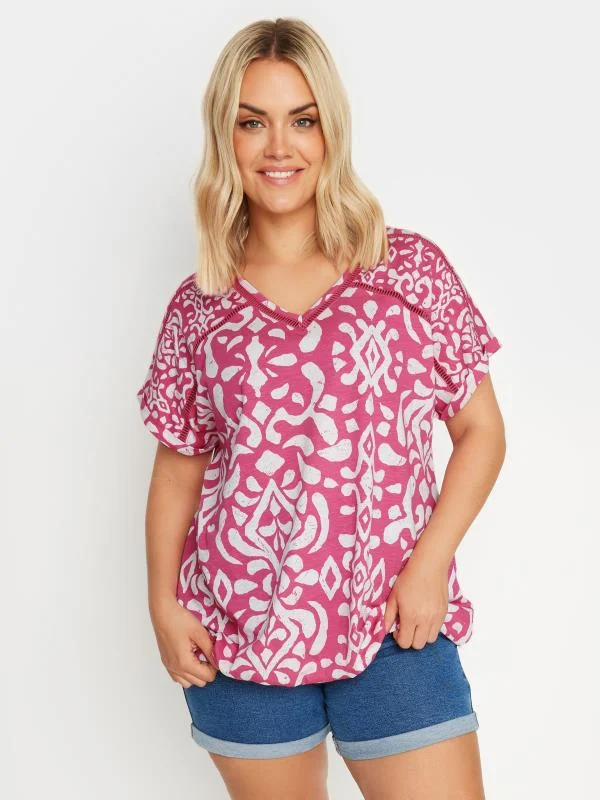 Yours YOURS Curve Pink Ikat Print Bubble Hem Top