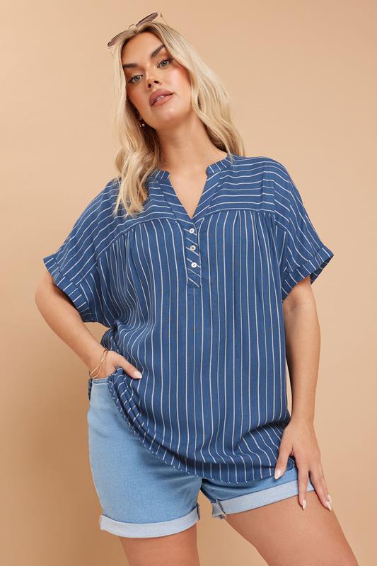 Yours YOURS Curve Navy Blue Stripe Notch Neck Blouse