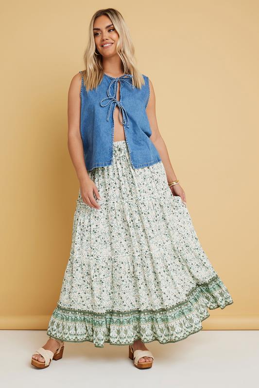 Yours YOURS Curve Light Green Ditsy Floral Tiered Skirt