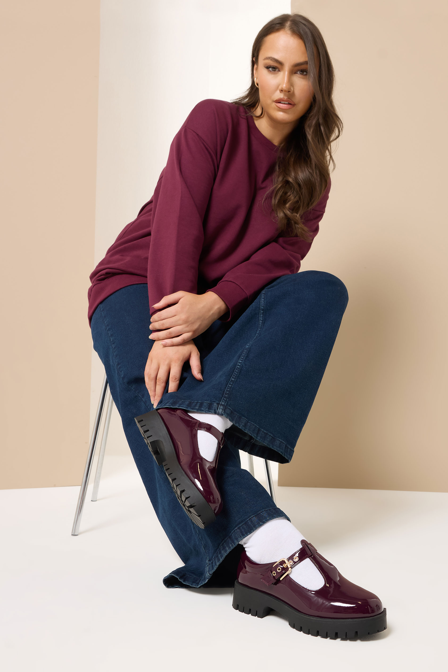 Yours Burgundy Red Patent Chunky T-Bar Mary Janes In Extra Wide EEE Fit
