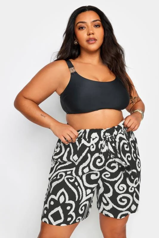 Yours YOURS Curve Black Abstract Print Crinkle Tassel Shorts