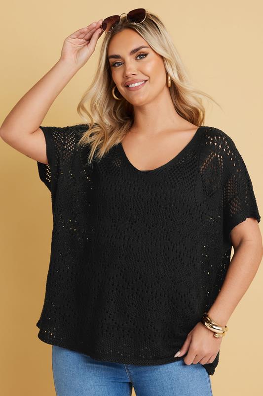 Yours YOURS Curve Black Crochet Knitted Top