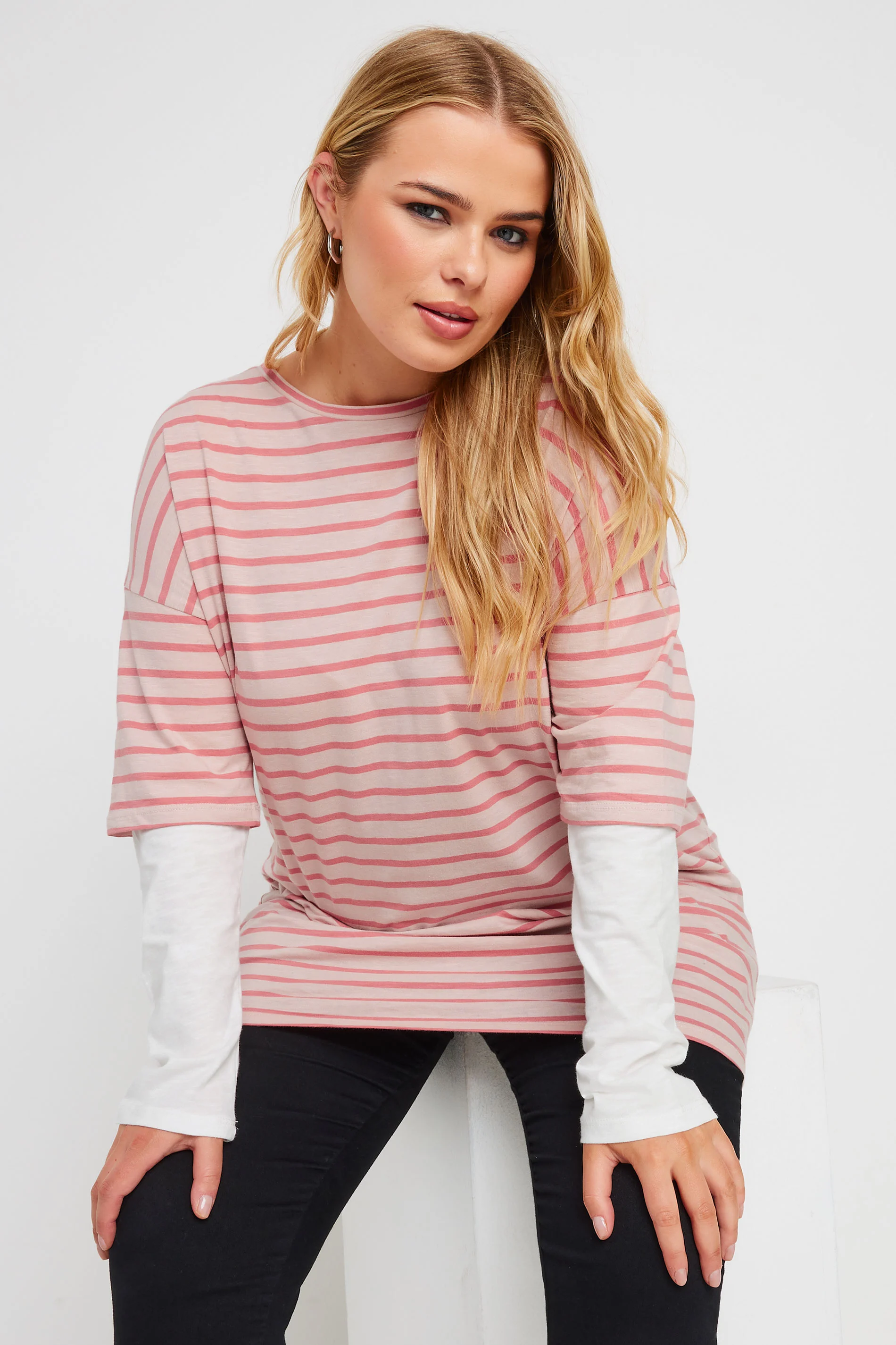 Yours YOURS Curve Pink Stripe Double Layer Top