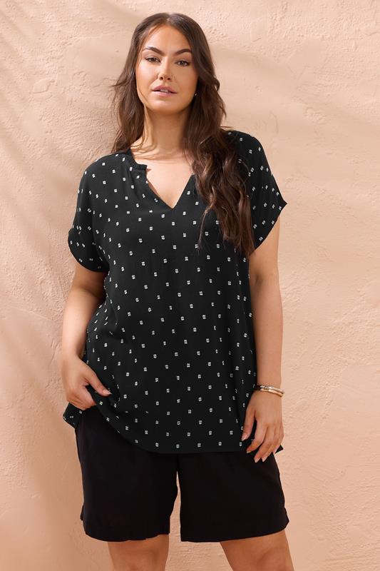 Evans EVANS Curve Black Frill Neck Dobby Blouse