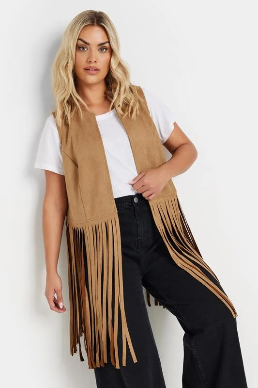 Yours YOURS Curve Brown Faux Suede Fringe Waistcoat