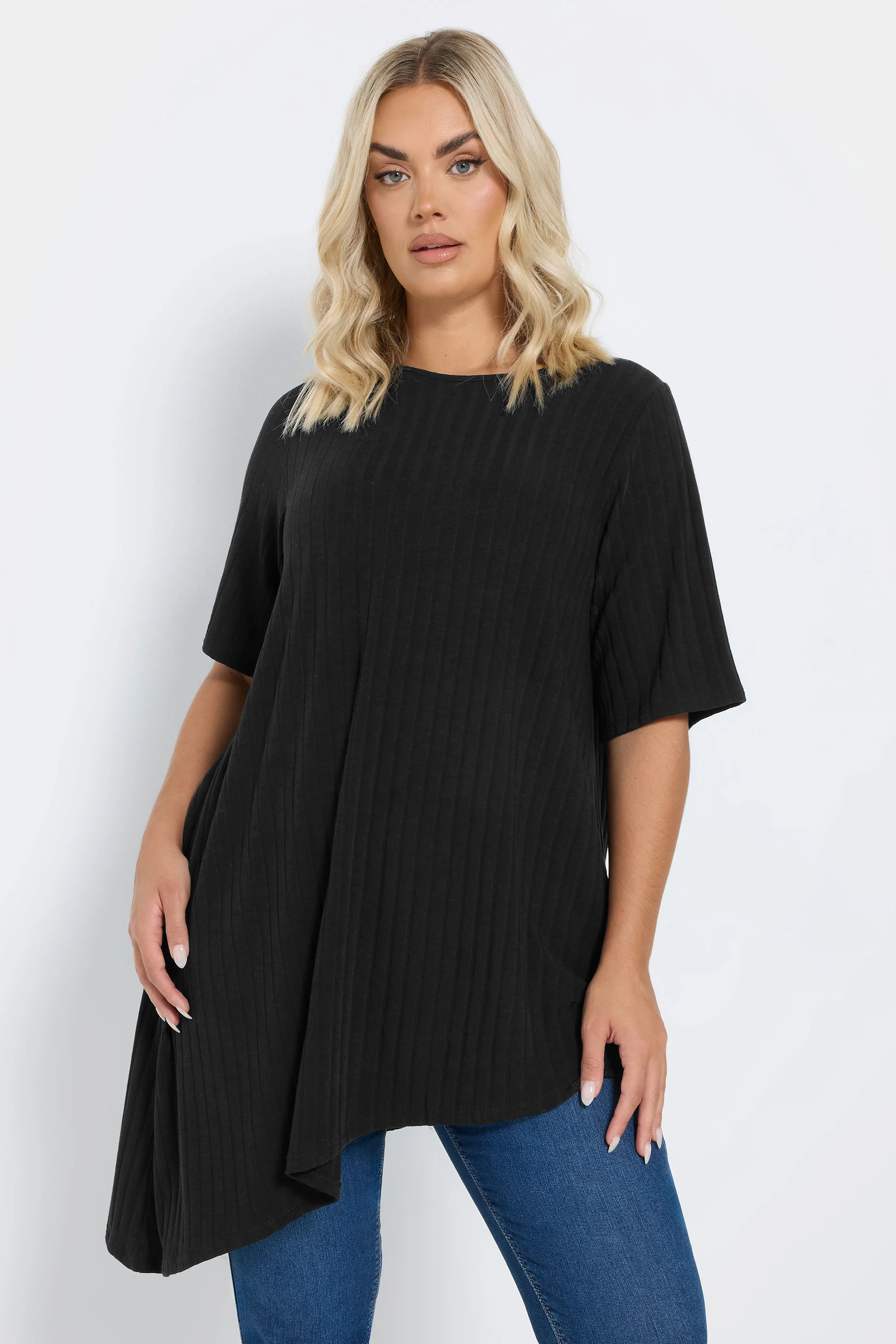 Yours YOURS Curve Black Asymmetric Ribbed T-Shirt