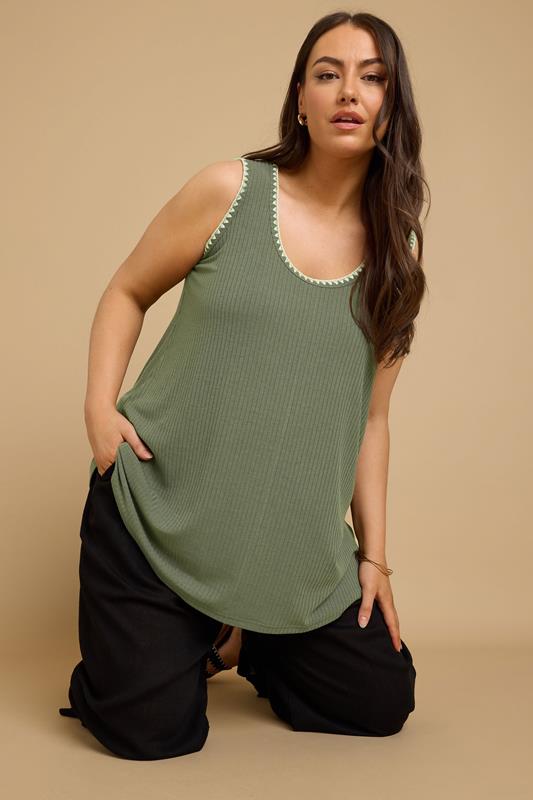Yours YOURS Curve Khaki Green Contrast Blanket Stitch Ribbed Vest Top