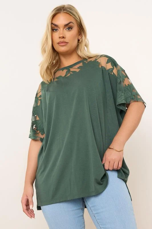 Yours YOURS Curve Green Floral Burnout Boxy T-Shirt