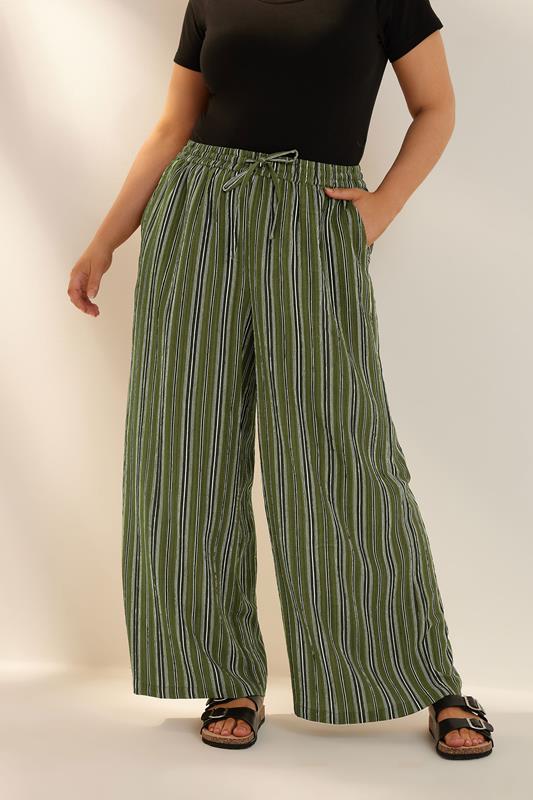 Yours YOURS Curve Green Stripe Textured Wide Leg Trousers