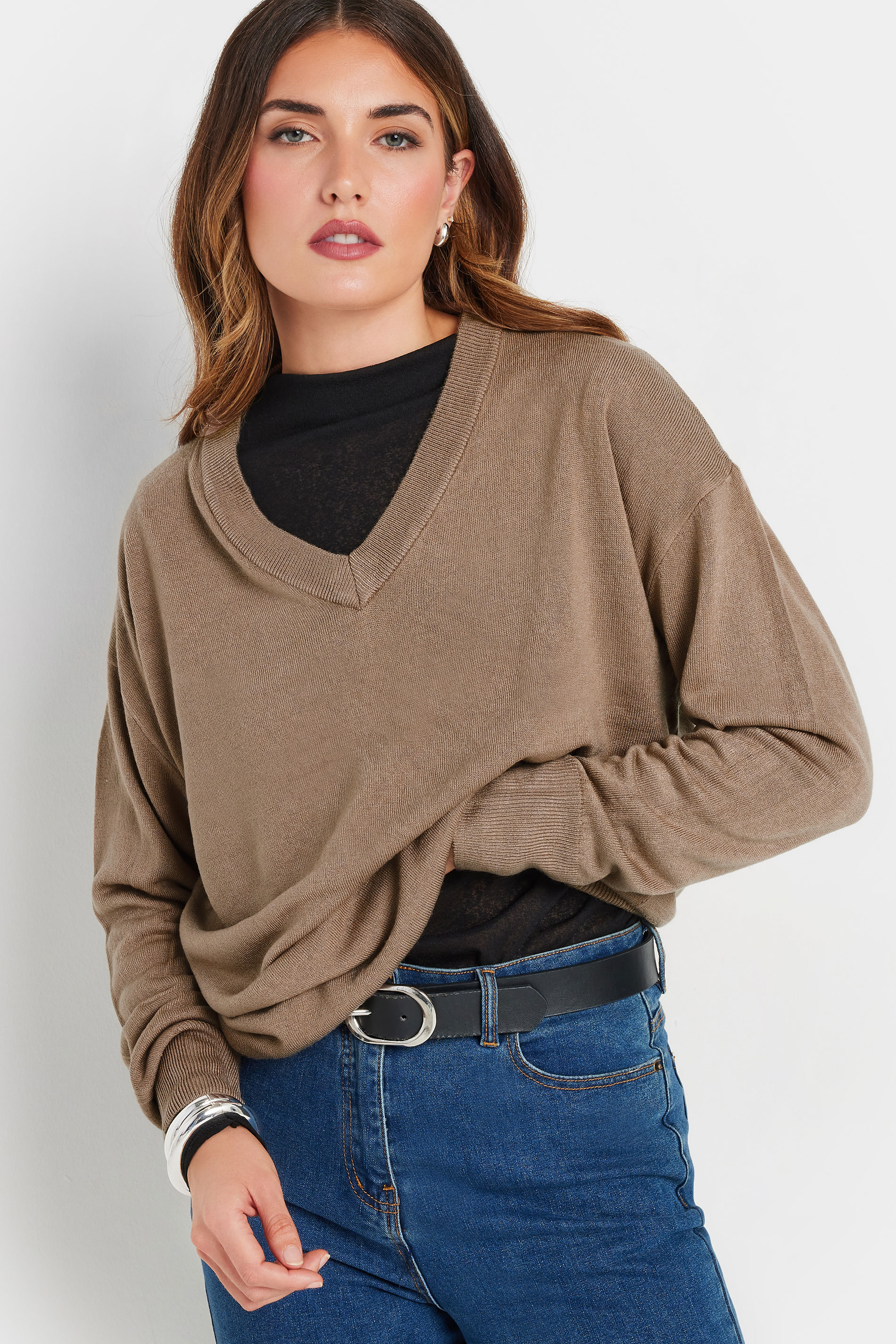 LTS LTS Tall Beige Brown Long Sleeve V-Neck Jumper
