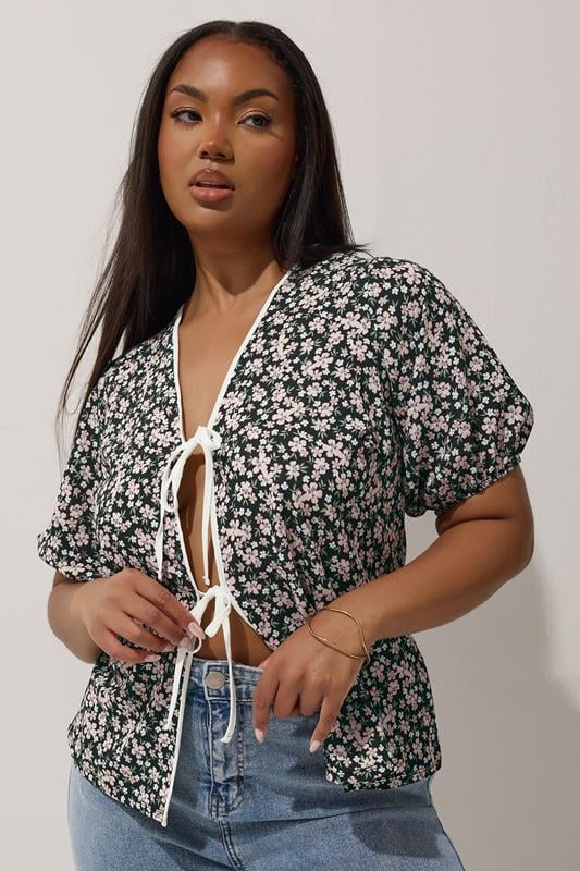 Limited Collection LIMITED COLLECTION Curve Black Ditsy Floral Bow Tie Front Top