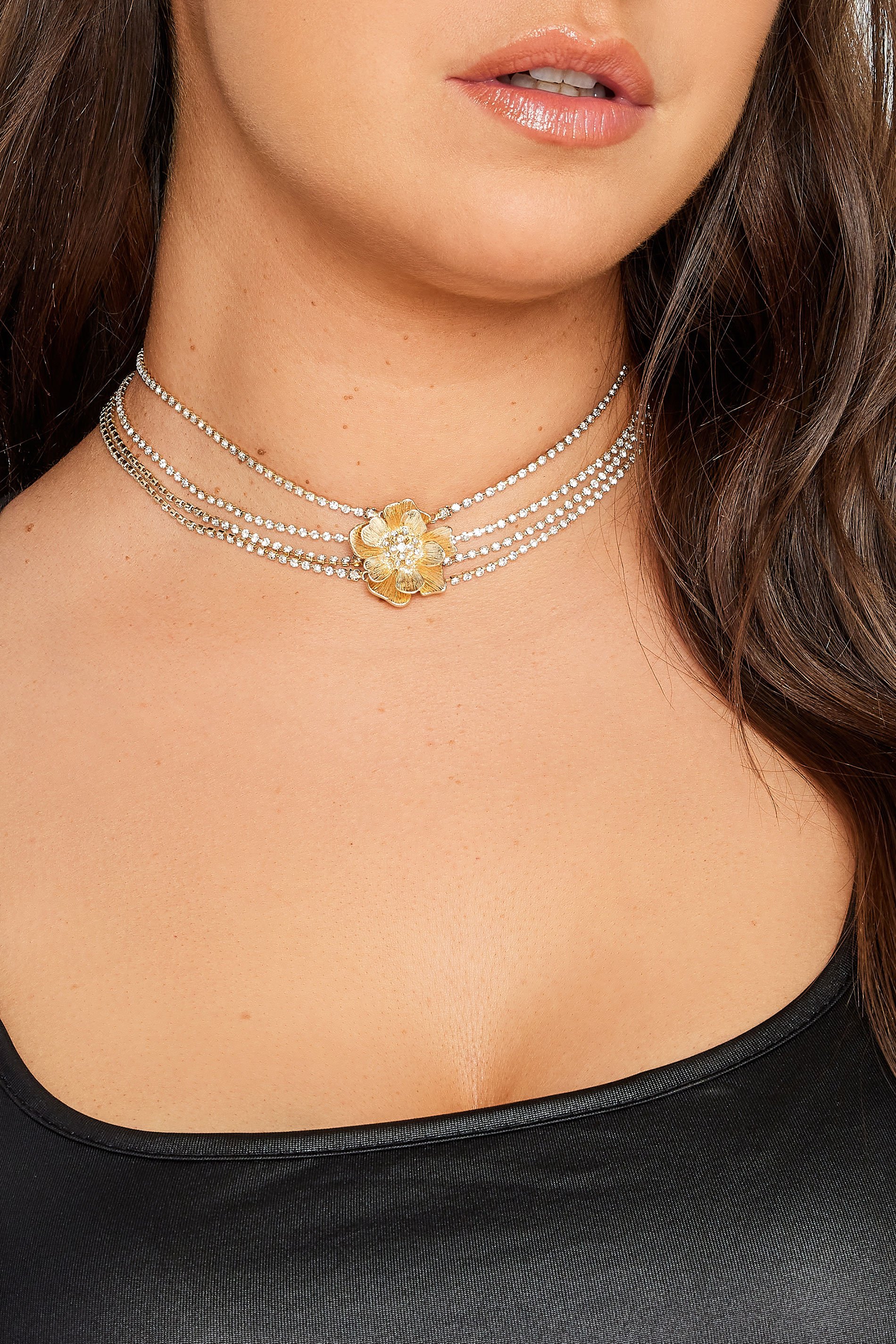 Yours Gold Tone Layered Diamante Flower Choker Necklace