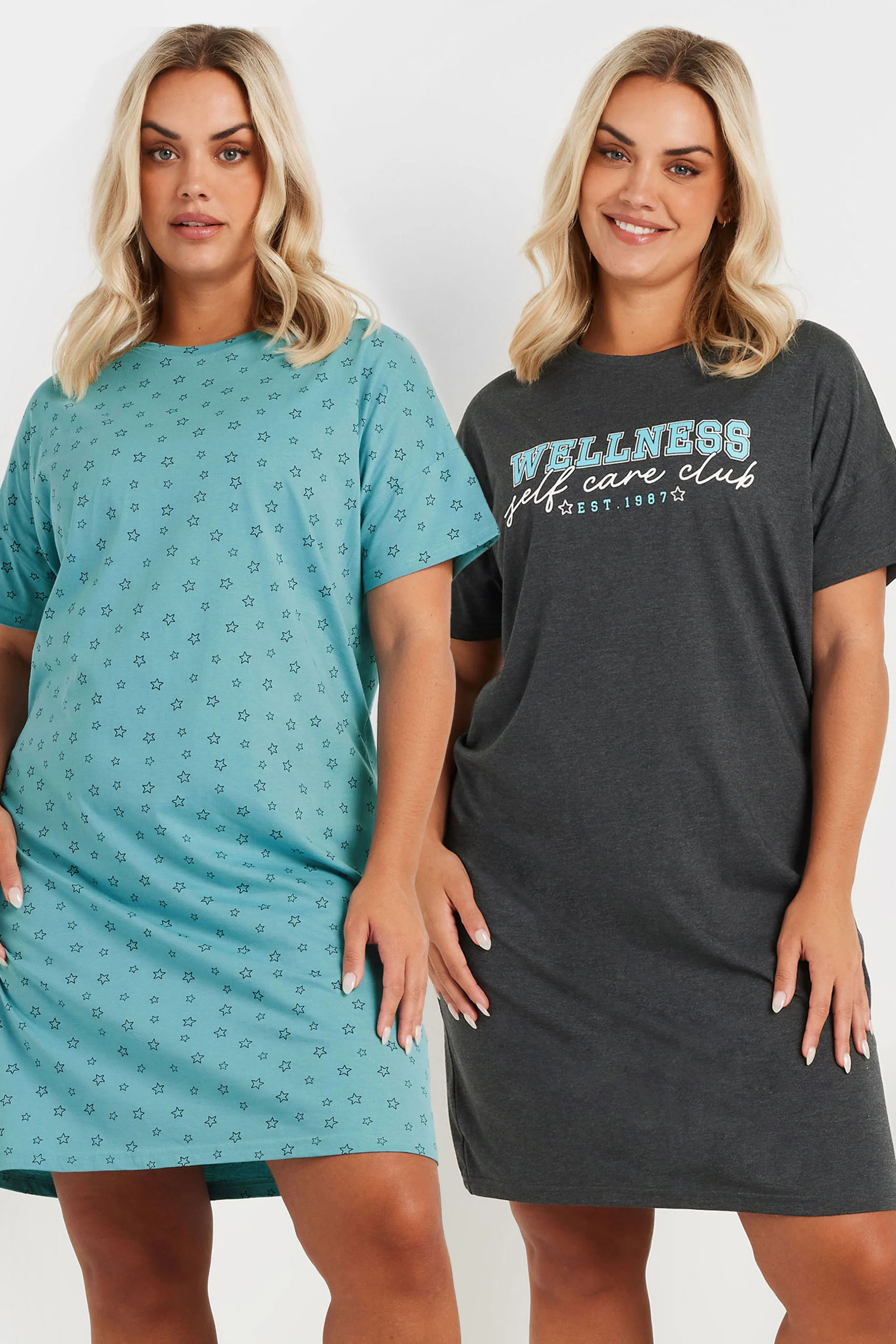 Yours YOURS Curve 2 PACK Blue 'Wellness' Star Print Nightdresses