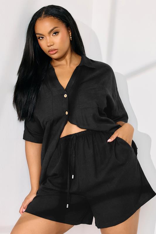 Yours YOURS Curve Black Tie Front Linen Shorts