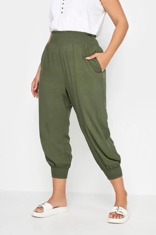 Yours YOURS Curve Khaki Green Shirred Harem Trousers