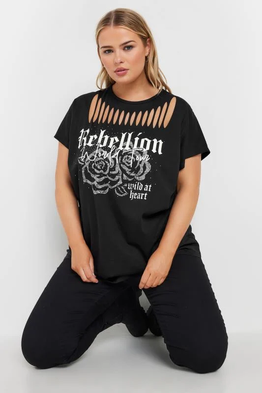 Yours YOURS Curve Black Cut Out 'Rebellion' Slogan T-Shirt