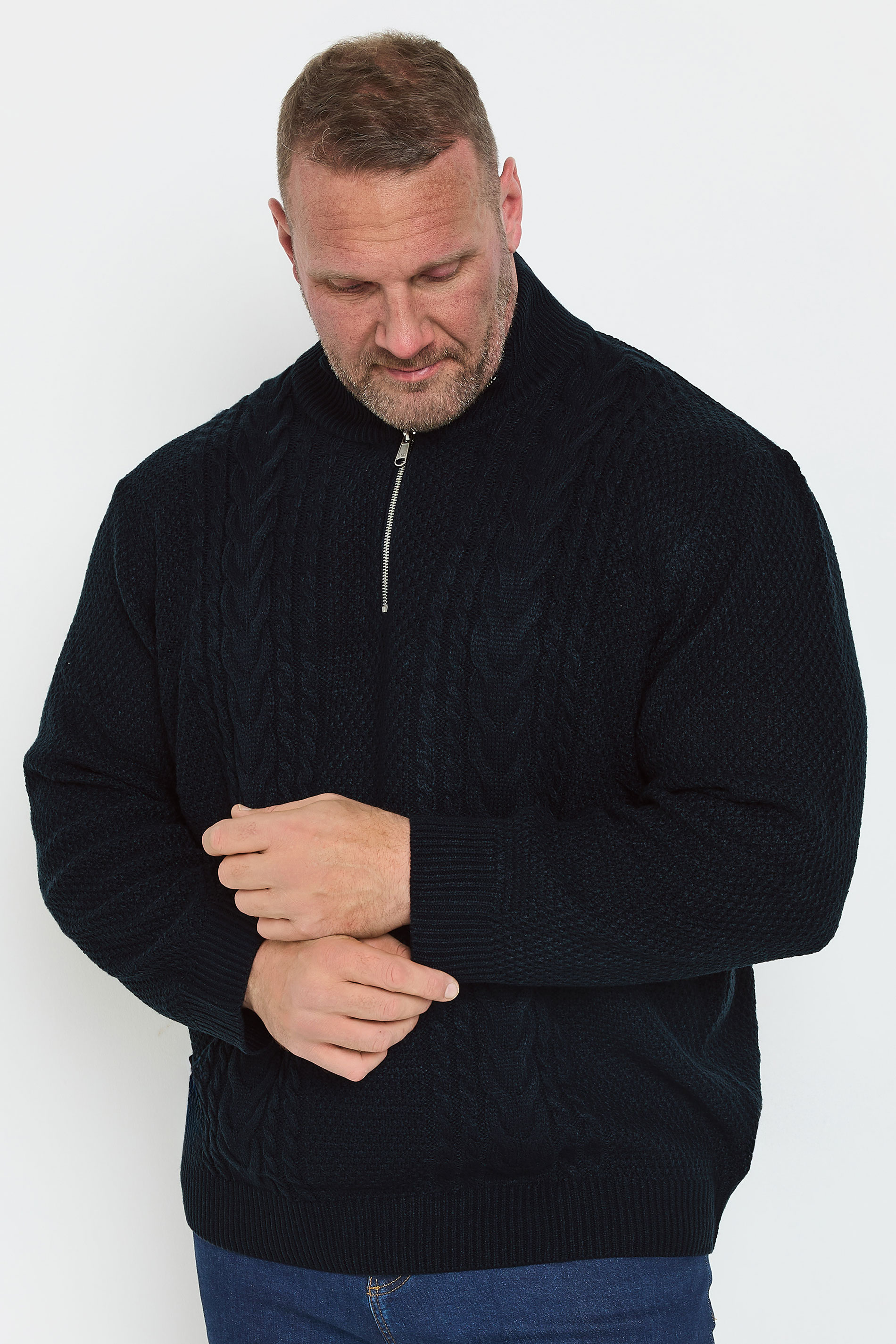 Jack & Jones JACK & JONES Big & Tall Navy Blue Half Zip Cable Knit Jumper