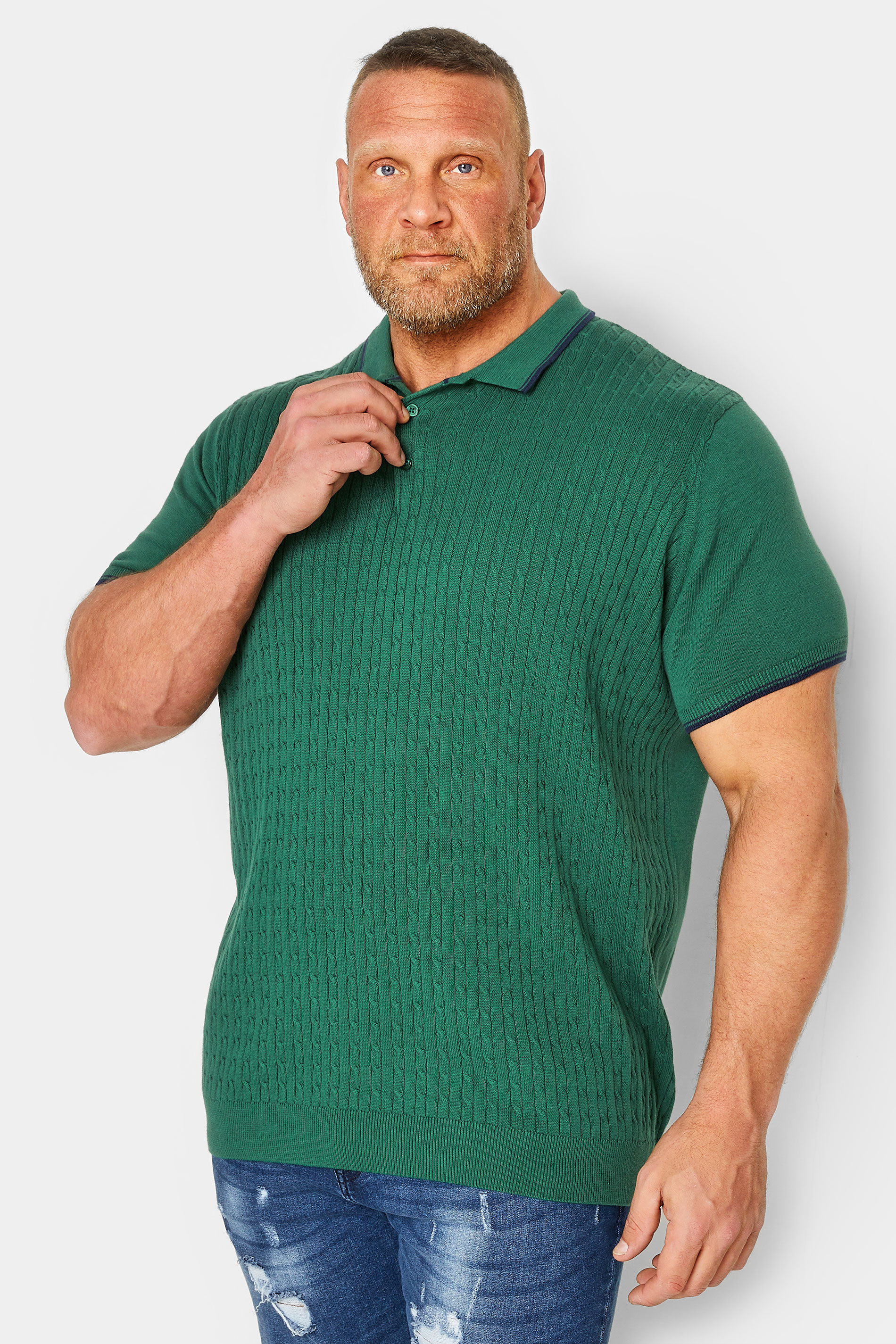 BadRhino BadRhino Big & Tall Forest Green Cable Knitted Polo Shirt