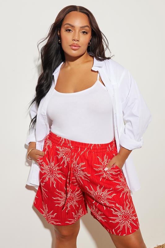 Yours YOURS Curve Red Textured Sun Print Shorts