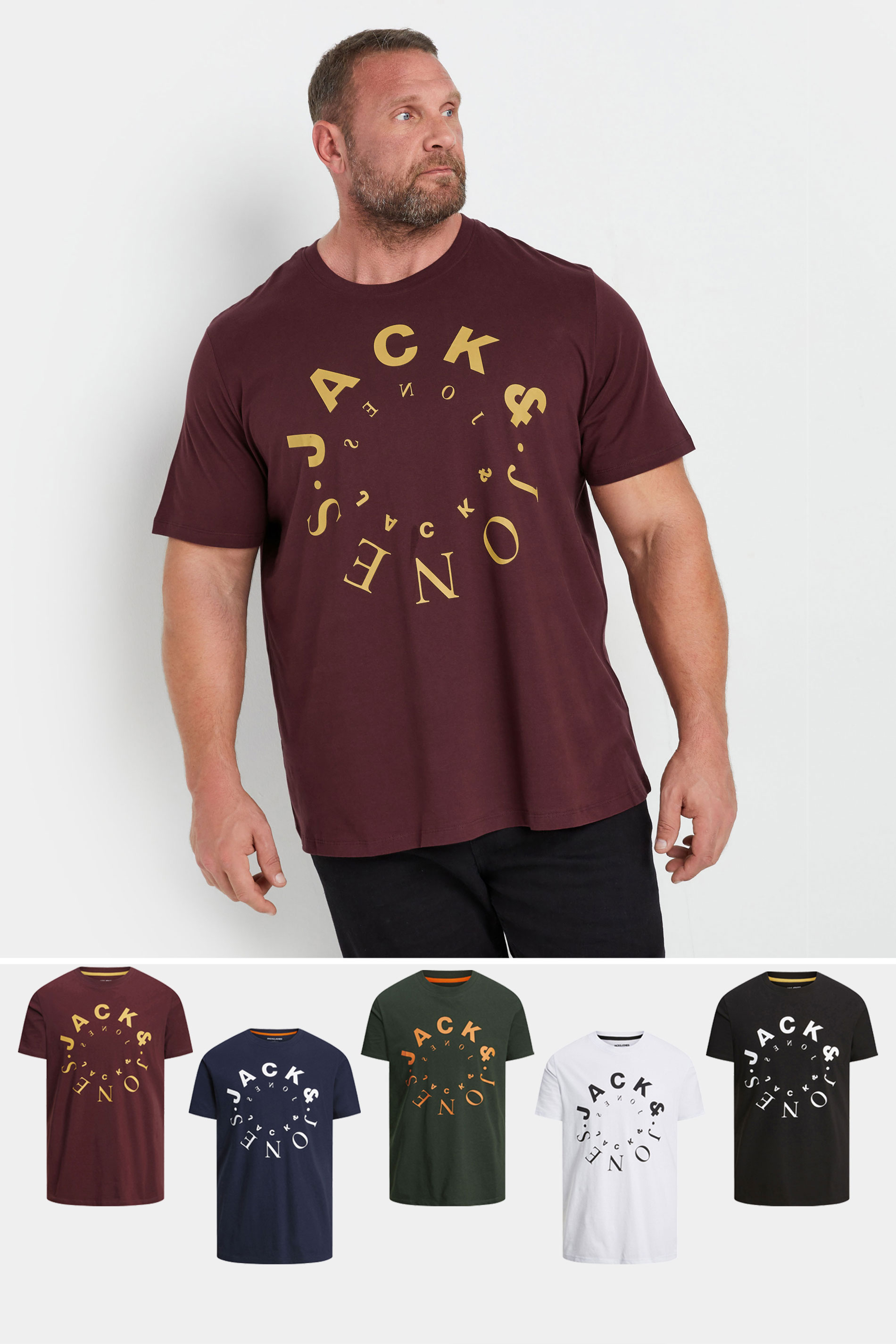 Jack & Jones JACK & JONES Big & Tall 5 PACK White & Green Logo Printed T-Shirts