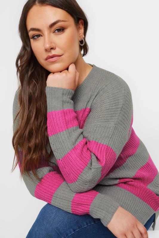 Yours YOURS Curve Grey & Pink Stripe Knitted Jumper
