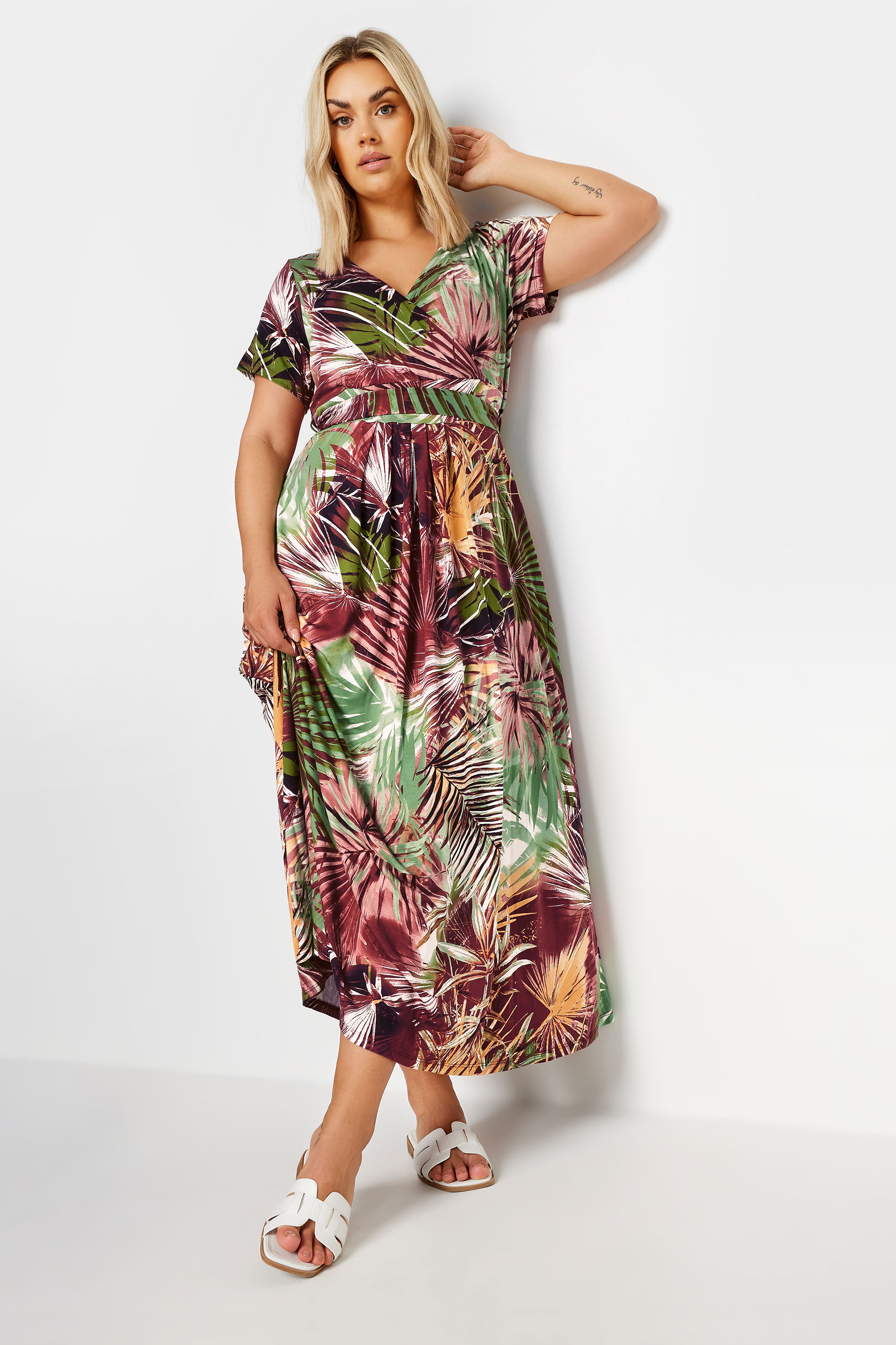Yours YOURS Curve Red Palm Print Wrap Maxi Dress