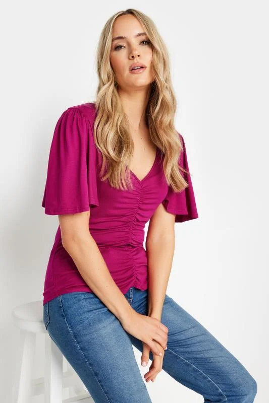 LTS LTS Tall Berry Red Angel Sleeve Ruched Front Top