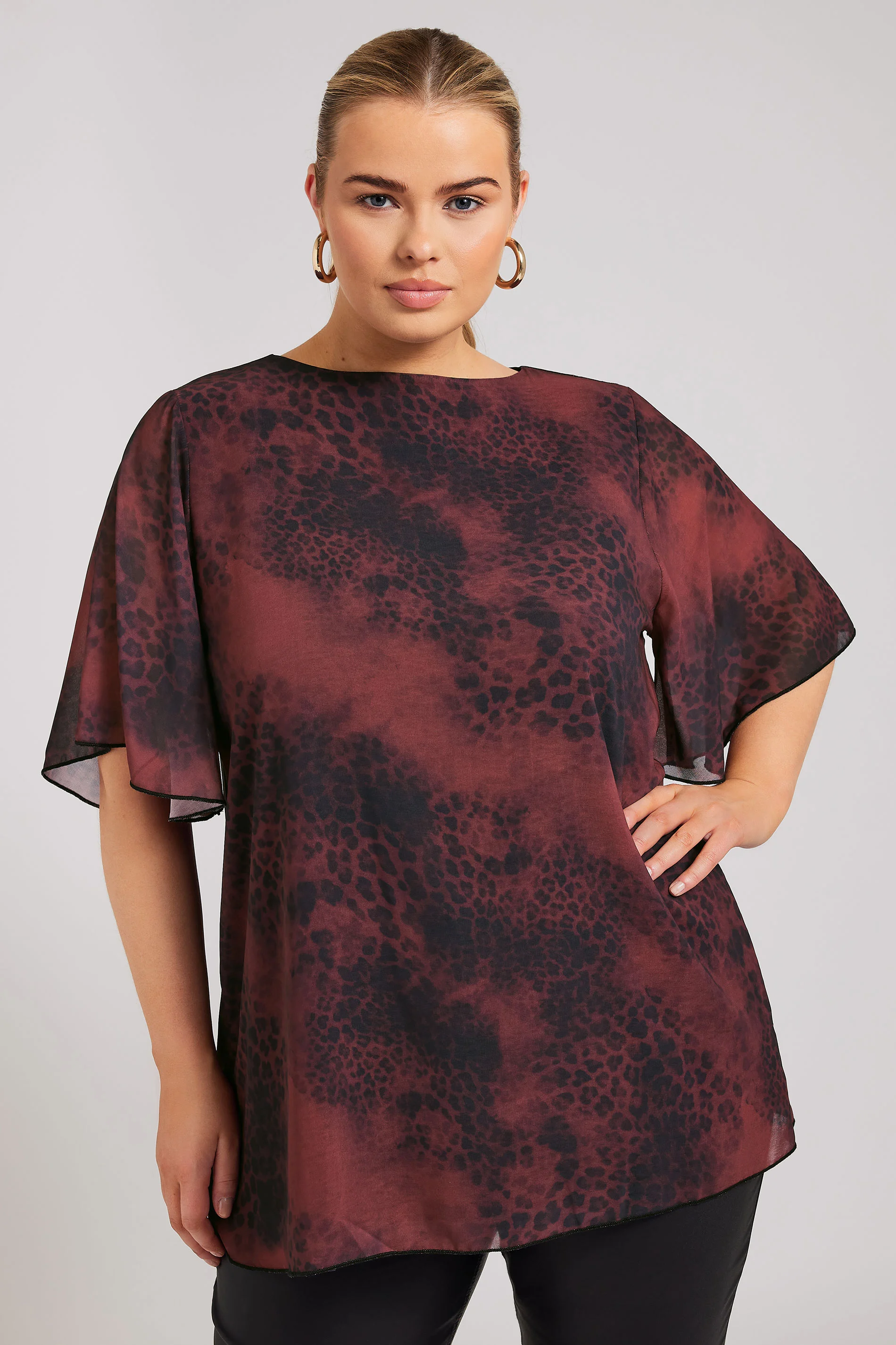 Yours London YOURS LONDON Curve Burgundy Red Animal Print Flutter Sleeve Blouse